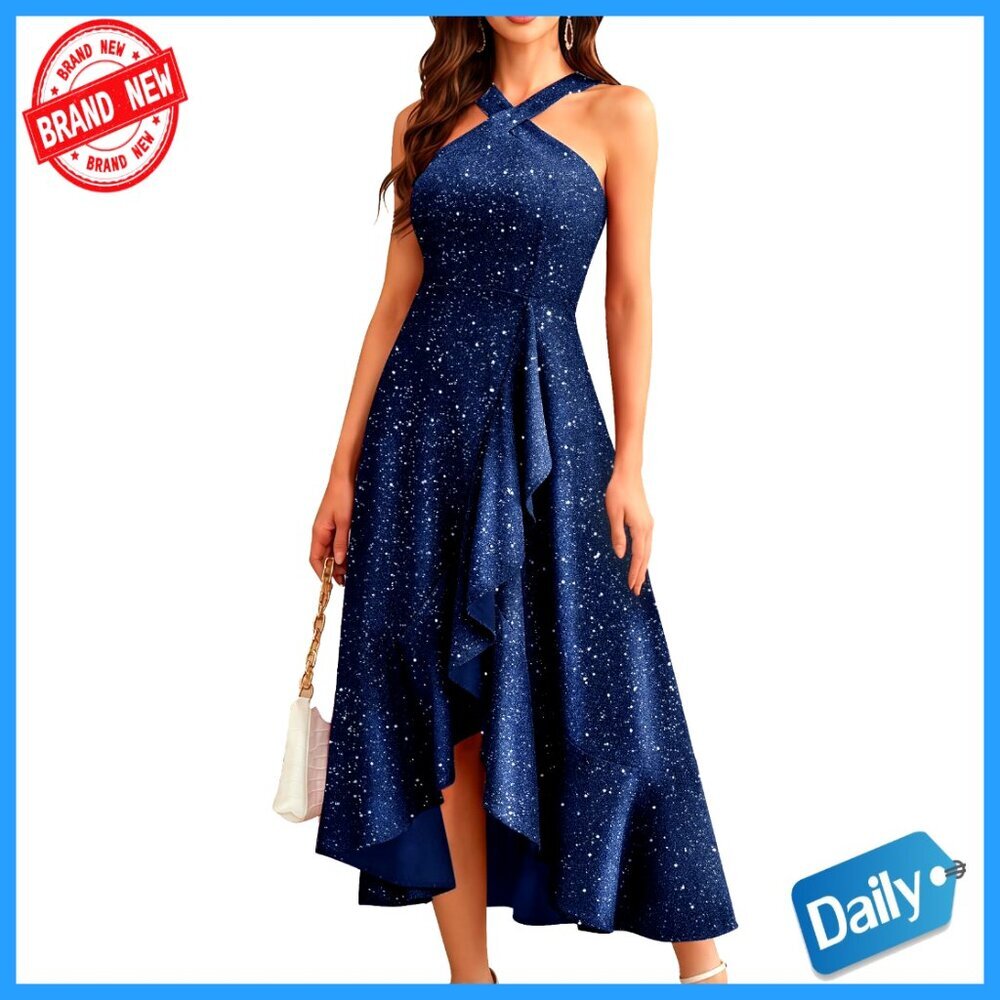Sequin Halter Maxi Dress Formal Elegant Prom Party Gown Hi-Lo Ruffle